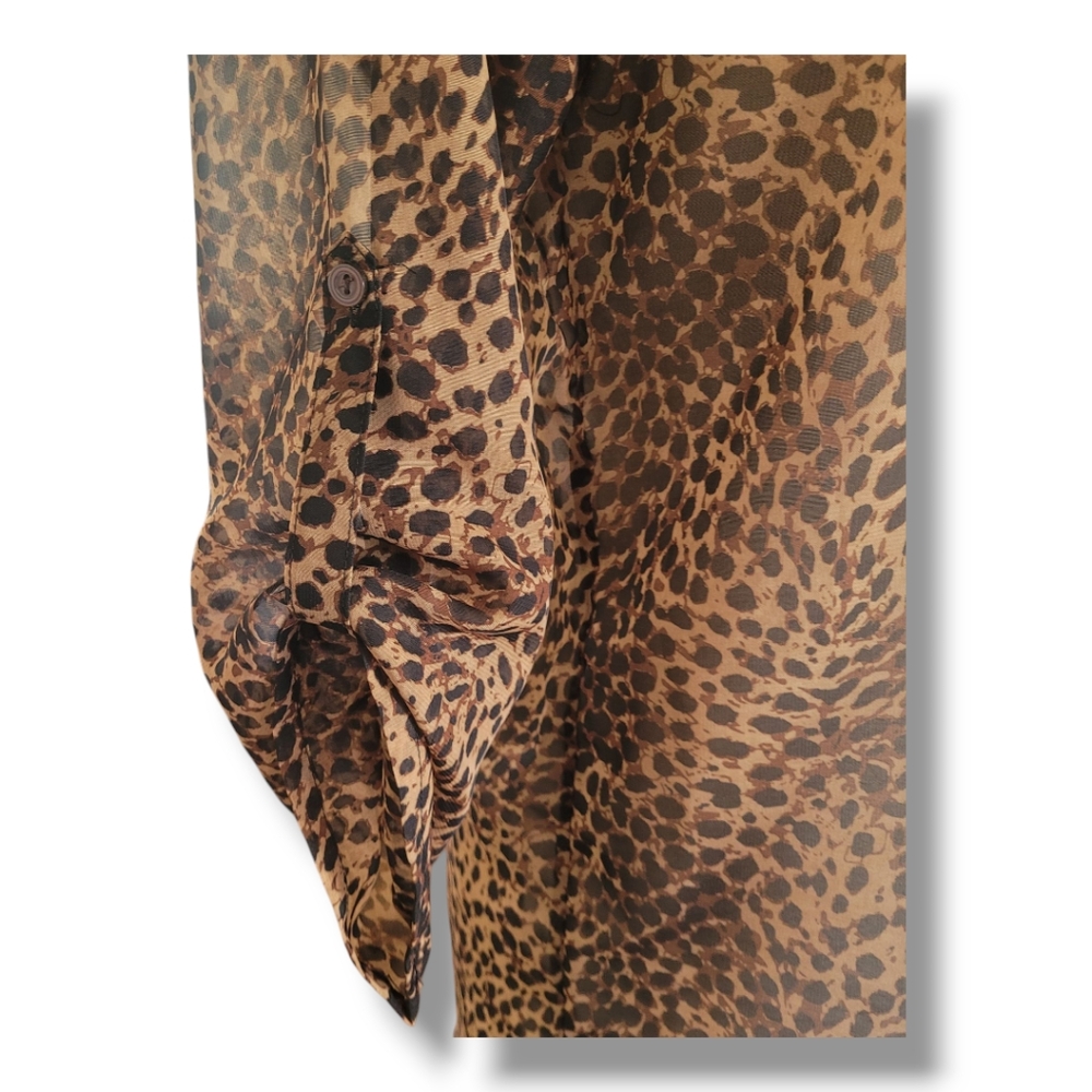 Sheer Animal Print V-Neck Blouse with Mandarin Collar. By Mix & Co. Size Medium - Picture 5 of 9